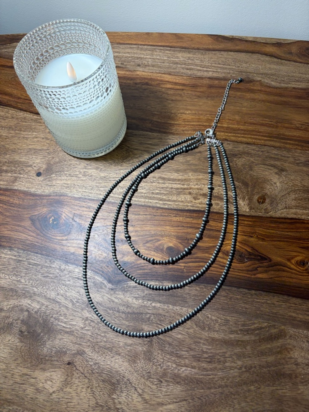 Faux Navajo, Pearl Three-Strand Black Bead Necklace